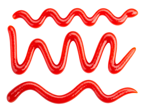 multiple ketchup squiggle lines in artistic zigzag and wave shapes with glossy texture on isolated background
