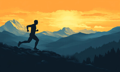 A silhouette of a person runs uphill against a vibrant orange and yellow sunset. Majestic mountains and dark trees frame the scene, depicting determination.