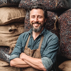Obraz premium Smiling man in a denim shirt and apron stands confidently with arms crossed in front of large burlap sacks filled with coffee beans.