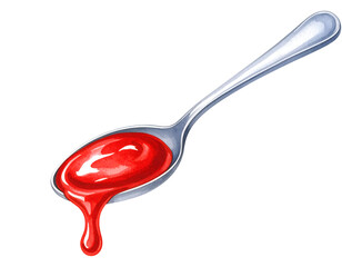 watercolor illustration of silver spoon with dripping red ketchup on isolated background for food art and ingredient design
