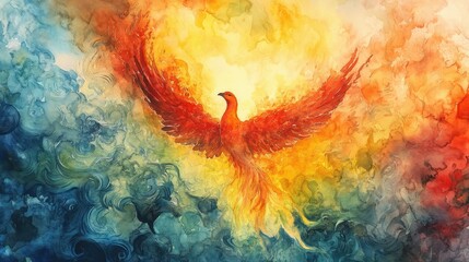 Phoenix Soaring: A vibrant, stylized depiction of the mythical phoenix taking flight against a backdrop of swirling colors, embodying transformation, rebirth, and renewal.