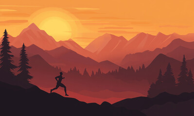 Fototapeta premium A silhouette of a person runs uphill against a vibrant orange and yellow sunset. Majestic mountains and dark trees frame the scene, depicting determination.