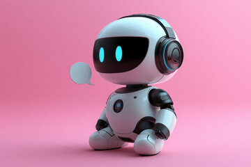Robot with headphones sitting on pink background.