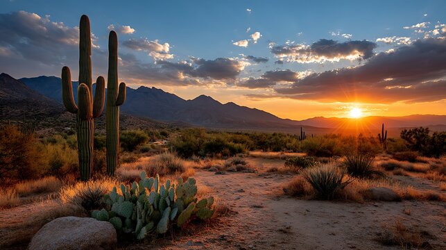 Majestic saguaro cacti silhouetted against a fiery desert sunset with mountainous backdrop