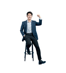 young Asian businessman celebrates a success or achievement, raising both fists in a triumphant...