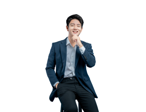 Asian professional with his hand on his chin, smiling as he listens or contemplates an idea. Cropped portrait on PNG.
