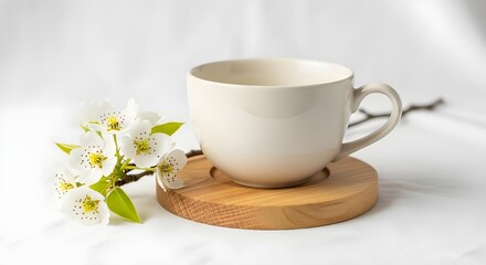 Cup of herbal tea with spring blossom flowers on a wooden tray