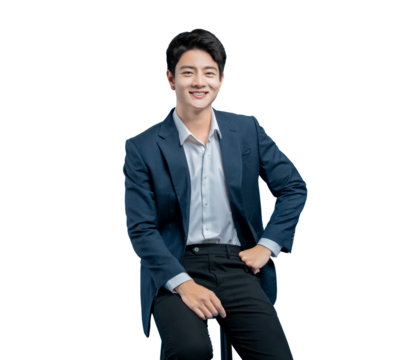 Portrait of a handsome and confident young Asian businessman sitting on a stool with his hands on his hips, smiling warmly at the camera.

