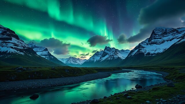 Spectacular aurora borealis over majestic snow-capped mountains and a serene river flowing through a lush green valley under a starry sky