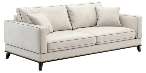 A modern beige fabric sofa with comfortable cushions is isolated on transparent background, ideal for a contemporary living room