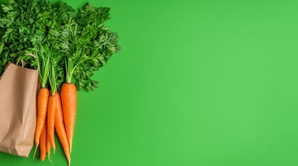 Fresh Carrots and Parsley in a Brown Paper Bag on Green Background