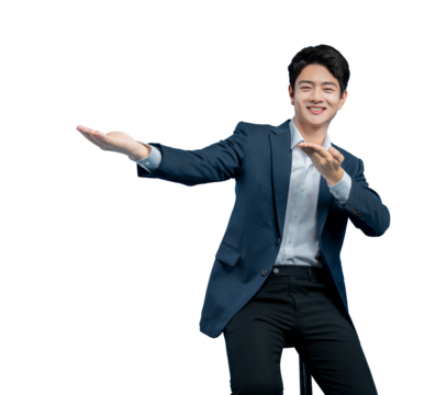 young Asian businessman makes a dynamic presenting or welcoming gesture with both hands. Isolated on a  PNG background. - Powered by Adobe