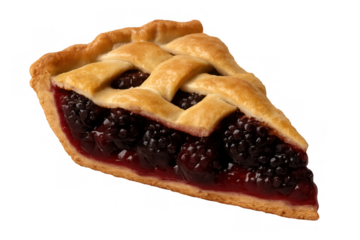 Freshly baked blackberry pie slice showcasing a lattice crust and juicy berry filling, isolated on a transparent background