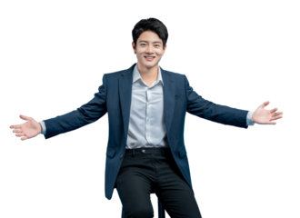 young Asian businessman in a suit sits on a stool with his arms open wide in a welcoming or presenting gesture, isolated on a  PNG background.