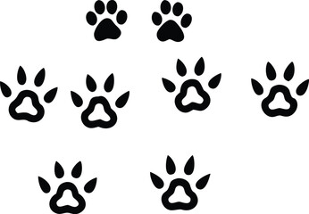 Collection of Clean Minimalist Vector Animal Paw Prints: Black Silhouette Illustrations of Dog or Cat Footprints and Tracks - Pet Design Elements