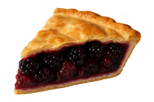 Freshly baked blackberry pie slice showcasing golden crust and juicy berry filling, isolated on transparent background