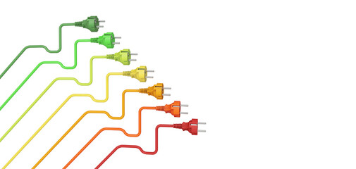 Colorful electric plugs representing energy efficiency ratings. Isolated on a transparent background. Visual concept illustrating energy performance through color coding.3d illustration.