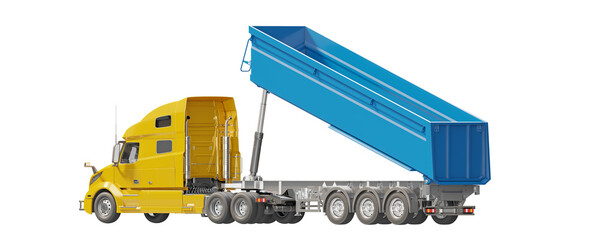 Yellow dump truck with a raised cargo body isolated on transparent background. Orthogonal back view. 3D illustration © Orange Dragon Studio