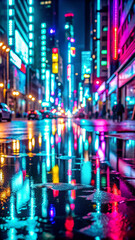 Naklejka premium Abstract Neon Cityscape – Vibrant Cyberpunk Wallpaper with Motion Effect