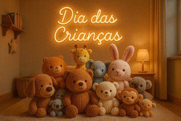 Conjunto de pelúcias fofas em um quarto aconchegante com iluminação quente e a frase "Dia das Crianças" em neon ao fundo.