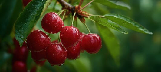 The fresh cherries glistening with raindrops on a summer day