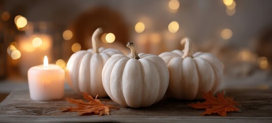 The elegant display of white pumpkins and a glowing candle.
