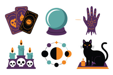 Colorful Cartoon Illustration Featuring Tarot Cards, Crystal Ball, Palmistry, Candles, Moon Phases, and Black Cat