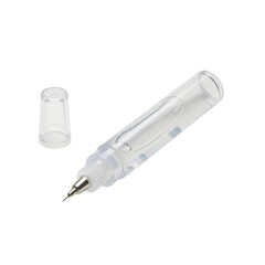 A standalone craft precision glue pen with a translucent barrel, clear adhesive, silver needle-point applicator, and cap, new and pristine on a transparent seamless studio background with perfectly