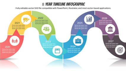 8-Year Curved Timeline Infographic Template for PowerPoint and Business Planning.