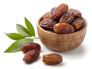Obraz premium Fresh medjool dates in a wooden bowl with green leaves isolated on white background