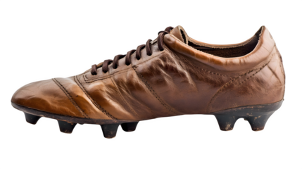 A detailed depiction of one worn leather soccer cleats (single shoe), isolated on Transparent background.