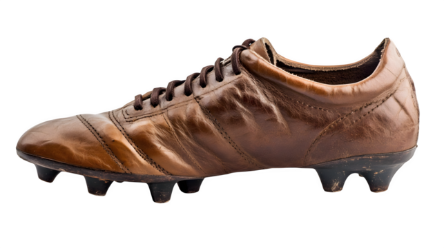 A detailed depiction of one worn leather soccer cleats (single shoe), isolated on Transparent background. - Powered by Adobe