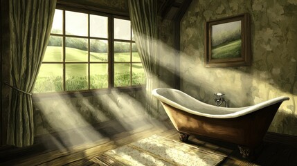 A sunlit room with a vintage bathtub and green landscape view