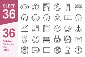 Collection of 36 sleep and relaxation related line icons isolated on white background