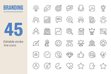 Collection of 45 editable stroke line icons for branding and business concepts isolated on white background