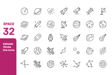 Collection of 32 editable stroke line icons representing space exploration and celestial bodies isolated on white background