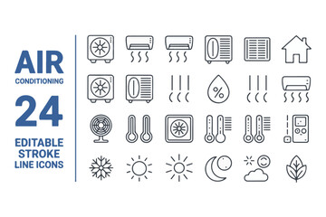 Collection of 24 editable stroke line icons for air conditioning and climate control isolated on white background