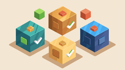 Four Colorful Isometric Boxes with Checkmarks