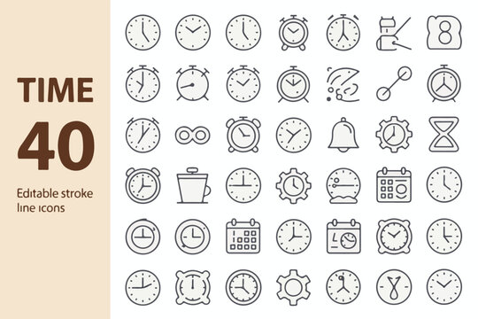 Collection of 40 editable stroke line icons representing various timekeeping devices and concepts isolated on white background