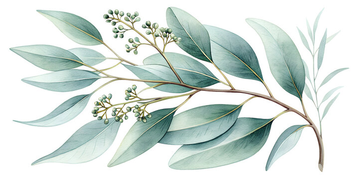 A delicate watercolor painting of a eucalyptus branch with lush green leaves and buds is isolated on transparent background, perfect for wedding invitations or botanical designs