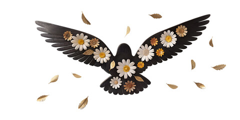 Artistic dove with open wings adorned with daisies and leaves symbolizing peace and nature isolated on transparent background