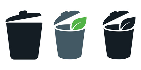 Minimal trash bin icons with eco-friendly leaf elements for green recycling themes.