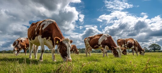 The beautiful herd of cows grazing peacefully in a lush green pasture.