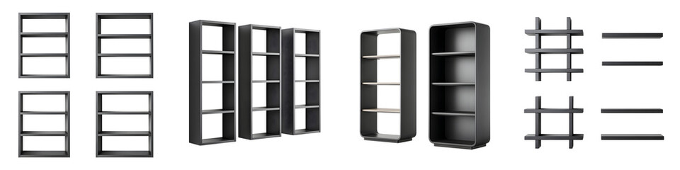 Black Open Shelving Units Collection, Isolated on White