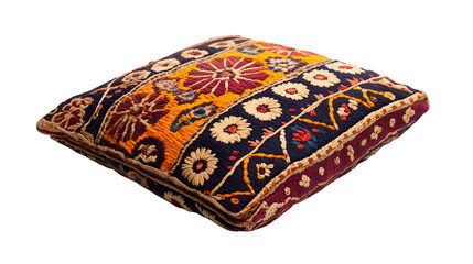 A detailed depiction of one traditional Pakistani embroidered cushion cover (folded), isolated on Transparent background.