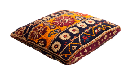 A detailed depiction of one traditional Pakistani embroidered cushion cover (folded), isolated on Transparent background.