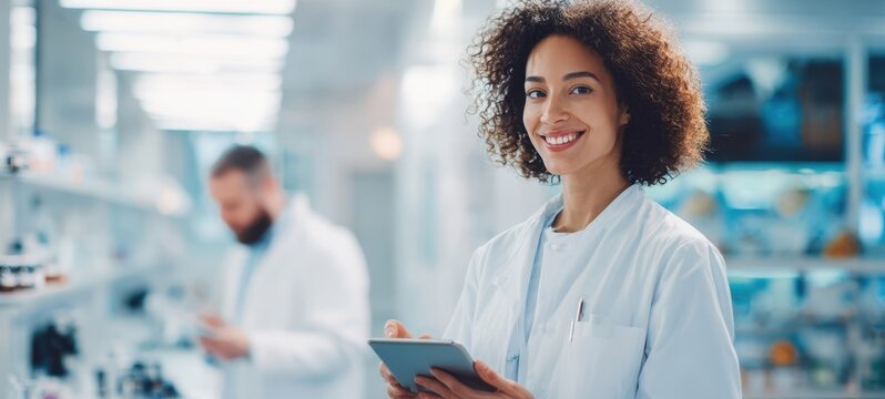 The confident scientist smiling while holding a tablet in the laboratory.