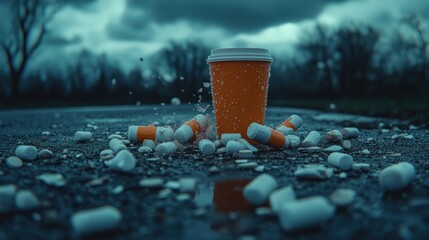 Shattered Dreams: A Coffee Cup and Broken Pills on a Rainy Road