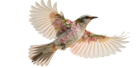 Obraz premium A delicate bird with wings adorned with soft pink and green petals in flight isolated on transparent background