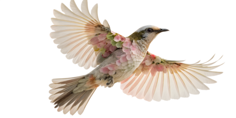 A delicate bird with wings adorned with soft pink and green petals in flight isolated on transparent background